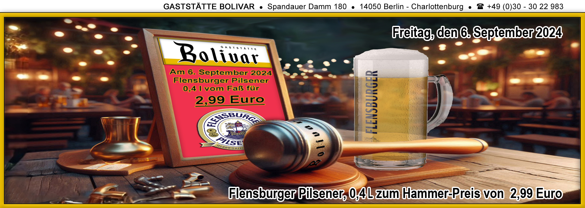 Wieder einmal ein Hammer-Bier-Preis am 6.September 2024! Genießen Sie ein frisch gezapftes Flensburger Pilsener vom Fass, 0,4 Liter für nur 2,99 Euro! Das ist wirklich ein unschlagbares Angebot, endlich steht mal wieder eine 2 vor dem Komma.